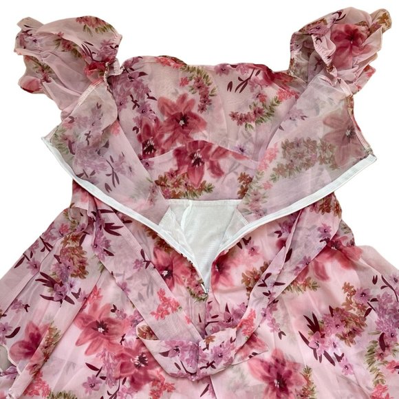 Womens Boho Romper Large L Pink-Floral Off The Shoulder Lined Ruffle Layered - Picture 10 of 13